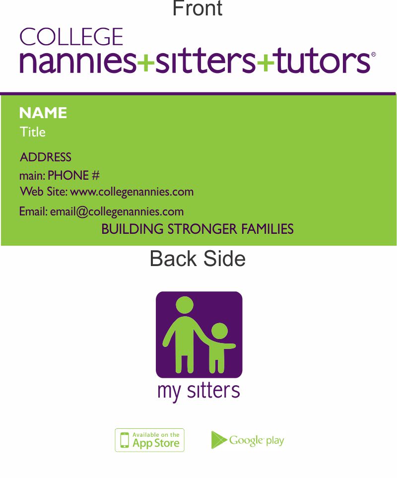 College Nannies sitter and tutors custom Business Cards